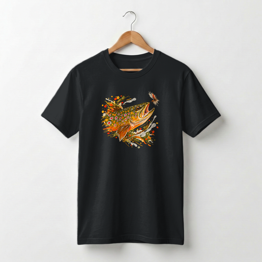 zwarte t-shirt met opdruk aquarel forel visillustratie, voorkant