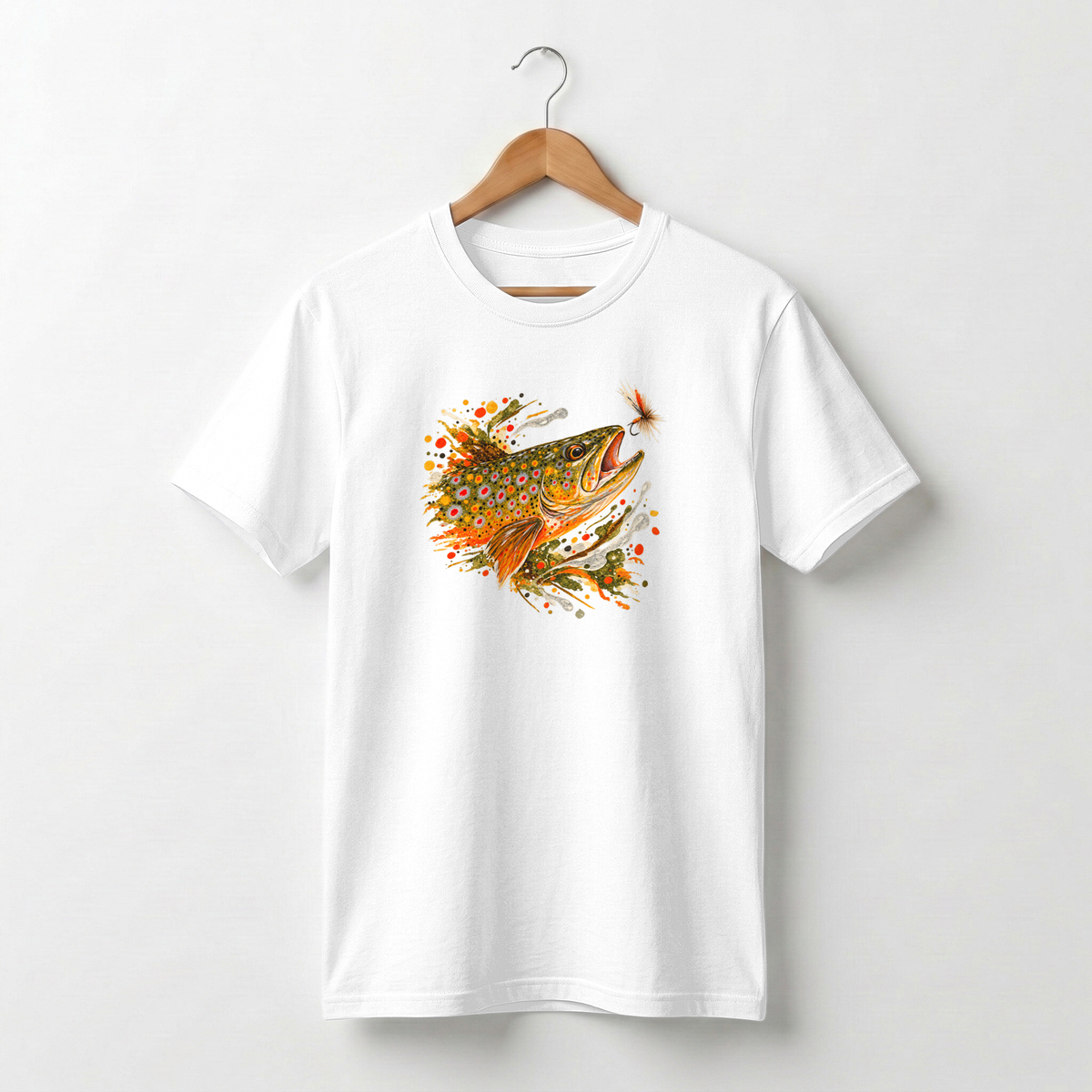 witte t-shirt met opdruk aquarel forel visillustratie, voorkant